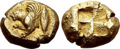 Greek Mysia, Kyzikos EL Stater. Circa 500-450 BC. Forepart of winged lioness to left; tunny fish behind / Quadripartite incuse square. Von Fritze I 96; SNG BnF 237; Boston MFA -. 16.09g, 19mm. Near Mi