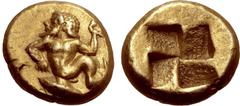 Greek Mysia, Kyzikos EL 1/12 Stater. Circa 550-450 BC. Triton reclining to left, holding wreath in raised left hand, leaning on left elbow; tunny fish to left below / Quadripartite incuse square. Cf. 
