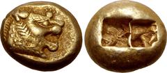Greek Kingdom of Lydia, Alyattes EL Trite - 1/3 Stater. Sardes, circa 600-561 BC. Head of roaring lion to right, sunburst with five rays on forehead / Two incuse square punches. GRPC Lydia G25; Weidau