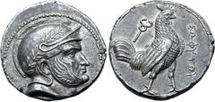Greek Baktria, Sophytes AR Tetradrachm. Uncertain mint in the Oxus region, circa 246-235 BC. Attic standard. Head of Seleukos(?) to right, wearing laurel wreathed Attic helmet decorated with spiral pa