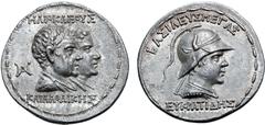 Greek Greco-Baktrian Kingdom, Eukratides I Megas, with Heliokles and Laodike, AR Tetradrachm. Circa 170-145 BC. Dynastic pedigree issue. Jugate draped busts of Heliokles and Laodice to right, HΛIOKΛEO