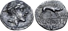 Roman Republic C. Licinius L. f. Macer AR Sestertius. Rome, 84 BC. Bearded Gallic male head to right, with dishevelled hair and prominent moustache, pierced through by or superimposed over a dart (or 