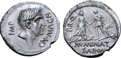 Roman Imperatorial Cnaeus Pompeius Junior and M. Minatius Sabinus AR Denarius. Corduba, 46-45 BC. CN•MAGN IMP, head of Cnaeus Pompeius Magnus to right / Personification of Corduba, turreted, standing 