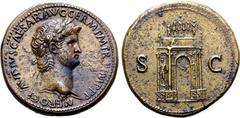 Roman Imperial Nero Æ Sestertius. Rome, AD 64. NERO CLAVDIVS CAESAR AVG GERM P M TR P IMP P P, laureate bust to right / The garlanded and ornate triumphal Arch of Nero, surmounted by statue of the emp