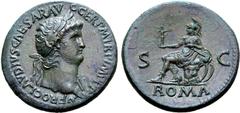 Roman Imperial Nero Æ Sestertius. Rome, AD 65. NERO CLAVDIVS CAESAR AVG GER P M TR P IMP P P, laureate bust to right, slight drapery on far shoulder / Roma, helmeted and draped, seated to left on cuir