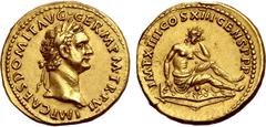 Roman Imperial Domitian AV Aureus. Rome, AD 87. IMP CAES DOMIT AVG GERM P M TR P VI, laureate head to right / IMP XIIII COS XIII CENS P P P, female German captive seated on shield to right in attitude