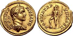 Roman Imperial Caracalla AV Aureus. Rome, AD 205. ANTONINVS PIVS AVG, laureate and draped bust to right / PONTIF TR P VIII COS II, Mars standing to left, right foot on helmet, holding olive branch and