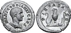 Roman Imperial Gordian III, as Caesar, AR Denarius. Rome, AD 238. M ANT GORDIANVS CAES, bare-headed and draped bust to right / PIETAS AVGG, jug between lituus and knife on left, simpulum and sprinkler