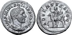 Roman Imperial Philip I AR Denarius. Rome, AD 244-247. IMP M IVL PHILIPPVS AVG, laureate, draped and cuirassed bust to right / ADVENTVS AVGG, emperor on horseback advancing to left, raising hand and h