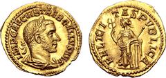 Roman Imperial Trebonianus Gallus AV Aureus. Rome, AD 251-253. IMP CAE C VIB TREB GALLVS AVG, laureate, draped and cuirassed bust to right / FELICITAS PVBLICA, Felicitas standing facing, head to left,