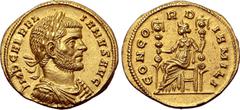 Roman Imperial Aurelian AV Aureus. Mediolanum, AD 270. IMP C AVRELIANVS AVG, laureate, draped and cuirassed bust to right / CONCORDIA MILI, Concordia seated to left, holding standard in each hand. RIC