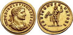 Roman Imperial Diocletian AV Aureus. Siscia, AD 286. IMP C DIOCLETIANVS P F AVG, laureate, draped and cuirassed bust to right / IOVI CONSERVATORI, Jupiter standing facing, head to left, nude but for c