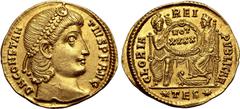 Roman Imperial Constantius II AV Solidus. Thessalonica, AD 355-361. D N CONSTANTIVS P F AVG, pearl-diademed head to right / GLORIA REIPVBLICAE, Roma enthroned facing, holding spear, and Constantinopol