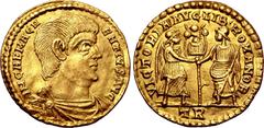Roman Imperial Magnentius AV Solidus. Treveri, AD 350-353. IM CAE MAGNENTIVS AVG, bare-headed, draped and cuirassed bust to right / VICTORIA•AVG•LIB•ROMANOR, Victory standing to right, facing Libertas