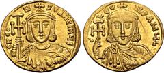 Byzantine Constantine V Copronymus, with Leo III, AV Solidus. Constantinople, AD 742-745. C LЄON P A MЧL-, crowned and draped bust of Leo facing, holding cross potent and akakia / C N CONSƮANƮINЧS, cr