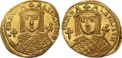 Byzantine Irene AV Solidus. Sole Reign. Constantinople, AD 797-802. ЄIRIҺH bASILISSH, crowned facing bust of Irene, wearing loros, holding globus cruciger in right hand and cruciform sceptre in left /