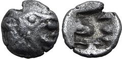 GREEK Persia, Achaemenid Empire AR 1/48 Stater. Time of Kyros - Darios I, in the types of Kroisos. Sardes, circa 550-520 BC. Head of roaring lion to right / Irregular incuse punch. GRPC Lydia S13 = Na