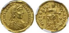 ROMAN IMPERIAL Valentinian III AV Solidus. Ravenna, AD 430-445. D N PLA VALENTINIANVS P F AVG, rosette-diademed, draped and cuirassed bust to right / VICTORIA AVGGG, emperor standing facing, holding l