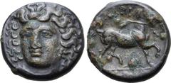 Greek Thessaly, Larissa Æ Tetrachalkon. Circa 356-337 BC. Head of the nymph Larissa facing slightly to left, hair in ampyx / Horse trotting to right; [grain ear] below, [Λ]API-Σ-[AIΩN] (lower portion 