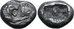 Greek Kingdom of Lydia, Kroisos AR 1/3 Stater. Sardes, circa 561-546 BC. Confronted foreparts of lion to right and bull to left / Two irregular incuse squares. GRPC Lydia S5; SNG Keckman 359; Boston M