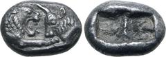 Greek Kingdom of Lydia, Kroisos AR 1/6 Stater. Sardes, circa 561-546 BC. Confronted foreparts of lion to right and bull to left / Two incuse square punches of unequal size. GRPC Lydia S6; Rosen 667; S