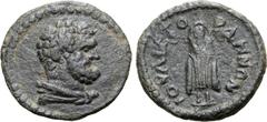 Greek Lydia, Gordus-Julia Æ 14mm. Pseudo-autonomous issue, time of the Severans, AD 193-211. Bare head of bearded Herakles to right, with lion skin tied around neck / IOVΛIЄ ΓOPΔHNΩN, Telesphoros stan