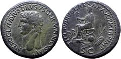 Roman Imperial Nero Claudius Drusus (father of Claudius) Æ Sestertius. Rome, AD 41-50. NERO CLAVDIVS DRVSVS GERMANICVS IMP, bare head to left / TI CLAVDIVS CAESAR AVG P M TR P IMP, emperor seated to l