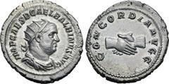 Roman Imperial Balbinus AR Antoninianus. Rome, AD 238. IMP CAES D CAEL BALBINVS AVG, radiate, draped and cuirassed bust to right / CONCORDIA AVGG, clasped hands. RIC IV 10; BMCRE 67; RSC 3. 5.17g, 23m