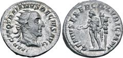 Roman Imperial Trajan Decius AR Antoninianus. Rome, AD 249-251. IMP C M Q TRAIANVS DECIVS AVG, radiate, draped and cuirassed bust to right / GENIVS EXERC ILLVRICIANI, Genius, wearing polos on head, st