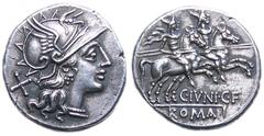 C. Junius C. f. AR Denarius. Circa 149 BC. Helmeted bust of Roma right, X behind / The Dioscuri galloping right; C·IVNI·C·F below, ROMA in exergue. Babelon Junia 1, Sydenham 392, Crawford 210/1. 3.70g