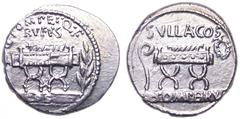 Q. Pompeius Rufus AR Denarius. 54 BC. Rome mint. Q POMPEI Q F RVFVS above, curule chair flanked by arrow & laurel-branch; COS on raised tablet below / SVLLA COS above, curule chair flanked by lituus &