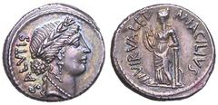 Man. Acilius Glabrio AR Denarius. 49 BC. SALVTIS, bust of Salus right / MN ACILIVS III VIR VALETV, Valetudo standing left holding serpent. Sydenham 922, Crawford 442/1a. 4.06g, 19mm. GOOD EXTREMELY FI