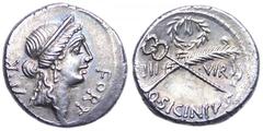 Q. Sicinius AR Denarius. 49 BC. FORT P.R, diademed bust of Fortuna right / Q. SICINIVS below, III. VIR across field, caduceus and palm in saltire, laurel wreath above. Sydenham 938. 4.02g, 18mm. FLEUR