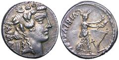 C.Vibius C. f. C. n. Pansa Caetronianius AR Denarius. 48 BC. Young bust of Bacchus right, wearing ivy wreath, PANSA behind / Ceres-Demeter walking right, carrying torches, plough before, C VIBIVS C F 