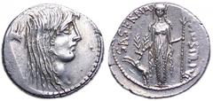 L. Hostilius Saserna AR Denarius. 48 BC. Bust of Pallor right, hair long and dishevelled, Gallic trumpet behind. / L HOSTILIVS SASERNA, Diana of Ephesus facing with stag and spear. Sydenham 953, Crawf