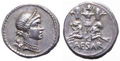 Julius Caesar AR Denarius. Spanish mint, 46-45 BC. Diademed bust of Venus right, Cupid on her shoulder / CAESAR below Gallia & Gaulish captive seated beneath trophy of Gallic arms. Sydenham 1014, Craw
