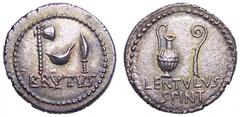 Brutus AR Denarius. Military mint, probably at Smyrna, 42 BC. Axe, simpulum and knife, BRVTVS below. / Jug and lituus, LENTVLVS SPINT below. Crawford 500/7, CRI 198, Sydenham 1310. 3.97g, 19mm. RARE. 