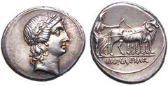 Octavian AR Denarius. Circa 28 BC. Laureate bust of Apollo of Actium right, with features of Octavian. / IMP CAESAR, Octavian, veiled and in priestly robes, ploughing right with team of oxen. RIC 272,