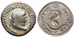 Titus AR Denarius. Rome, 80 AD. IMP TITVS CAES VESPASIAN AVG P M, laureate bust right / TR P IX IMP XV COS VIII P P, dolphin coiled around an anchor. RIC II 26a, BMCRE 72, RSC 309. 3.30g, 19mm. GOOD V