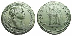 Trajan Æ Sestertius. Rome, 104-111 AD. IMP CAES NERVAE TRAIANO AVG GER DAC P M TR P COS V P P, laureate bust right, displaying bare shoulder and chest, slight drapery on left shoulder / SPQR OPTIMO PR