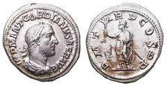 Gordian I AR Denarius. Rome, 238 AD. IMP M ANT GORDIANVS AFR AVG, laureate, draped and cuirassed bust right, seen from behind / P M TR P COS P P, Gordian, standing facing, head left, holding branch in