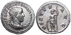 Gordian III AR Antoninianus. 238-239 AD. IMP CAES M ANT GORDIANVS AVG, radiate, draped & cuirassed bust right / VIRTVS AVG, Virtus standing facing in military dress, head left, with shield & spear. RI