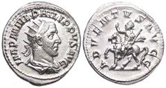 Philip I AR Antoninianus. 244-249 AD. IMP M IVL PHILIPPVS AVG, radiate bust right / ADVENTVS AVGG, Philip on horseback left raising hand. RIC 26b, RSC 3. 5.10g, 23mm. FLEUR DE COIN.