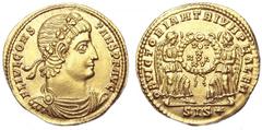 Constans AV Solidus. Siscia, 340-350 AD. FL IVL CONSTANS PF AVG, rosette diademed, draped and cuirassed bust right / OB VICTORIAM TRIVMFALEM, two Victories facing each other, holding wreath between th