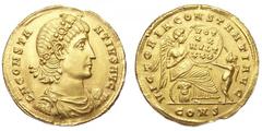 Constantius II AV Solidus. Constantinople, 337-340 AD. D N CONSTANTIVS AVG, rosette diademed, draped and cuirassed bust right / VICTORIA CONSTANTI AVG, Victory seated right on cuirass holding shield, 