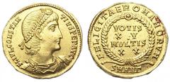 Constantius II AV Solidus. Antioch, 337-347 AD. FL IVL CONSTANTIVS PEP AVG, pearl diademed, draped and cuirassed bust right / FELICITAE ROMANORVM, wreath enclosing VOTIS XV MVLTIS XX. SMAN? in exergue