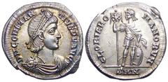 Constantius II AR Light Miliarense. Nicomedia, circa 355-360 AD. D N CONSTAN TIVS P F AVG, pearl-diademed, draped and cuirassed bust right / GLORIA RO-MANORVM, emperor, in military attire, standing fa