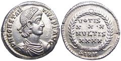 Constantius II AR Reduced Siliqua. Sirmium, 355-361 AD. D N CONSTANTIVS P F AVG, pearl diademed, draped and cuirassed bust right / VOTIS XXX MVLTIS XXXX within wreath. SIRM in exergue. C 343, RIC 68. 