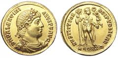 Valentinian I AV Solidus. Constantinople, 367-375 AD. DN VALENTINIANVS P F AVG, rosette diademed, draped and cuirassed bust right / RESTITVTOR REIPVBLICAE, emperor standing facing, head right, holding