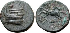 GREEK Kingdom of Macedon, Demetrios I Poliorketes Æ 18mm. Uncertain mint in Macedon or Greece, circa 299-295 BC. Prow to left / Demetrios on horseback charging to left, about to hurl spear at forepart